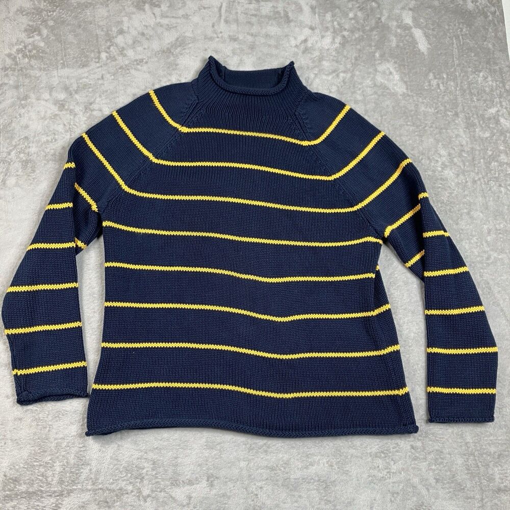 J Crew Rollneck Sweater Mens M Blue Yellow Striped Cotton Preppy Fall CP609